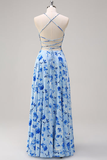 Vestido largo de dama de honor con tirantes florales azules con abertura
